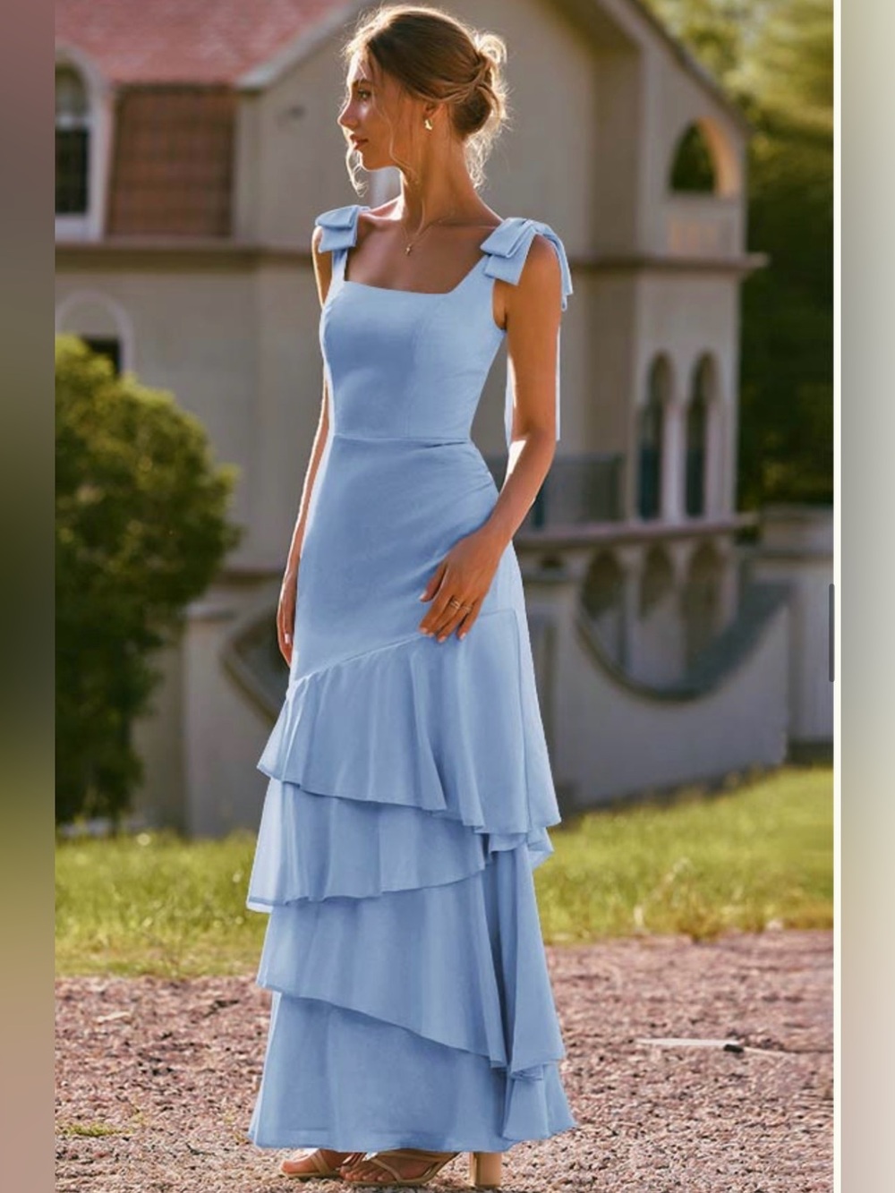 Light Blue Tiered Maxi Dress with Bow Shoulder Straps